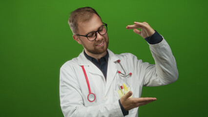 Man doctor in white coat with stethoscope and glasses framing an invisible object with hands in a green studio; healthcare trust reassurance.