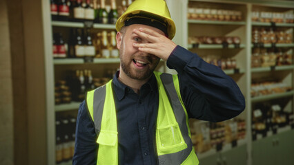 Man builder covers face with hand in supermarket aisle wearing yellow hardhat and reflective vest; awkward amusement.