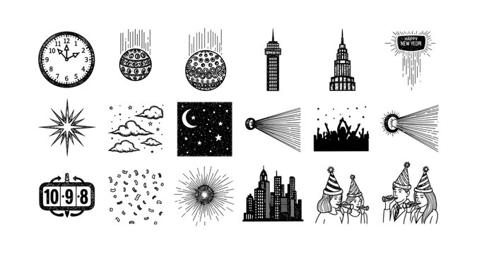 New year celebration icon set featuring festive elements and holiday scenes