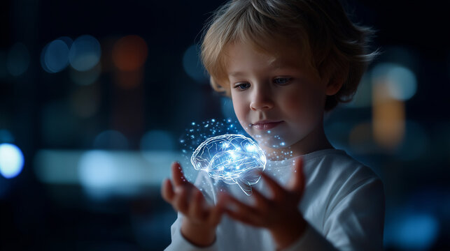 Youngster captivated by luminous holographic brain projection faceless child defocused futuristic background cognitive visualization scene neurological education moment brain