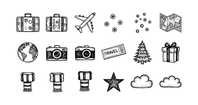 Hand-drawn travel essentials with holiday elements and winter symbols