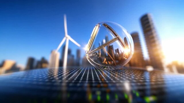 Eco-City: A sustainable urban landscape blends solar panels and wind turbines with futuristic architecture, all encapsulated within a transparent sphere. - Powered by Adobe