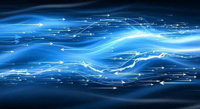 Abstract flowing blue lines with arrows depicting movement and digital data - Powered by Adobe