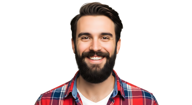 A smiling bearded man in a plaid shirt against a white background is looking forward. - Powered by Adobe