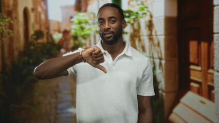 Obraz premium Man in white polo giving thumbs down with bare right hand on old town street lined with stone buildings; disapproval.