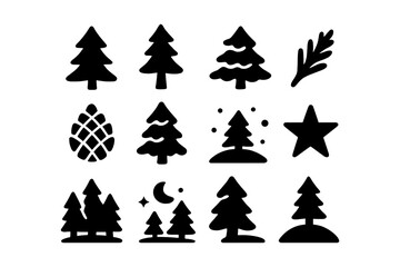 Nature icons collection: silhouette trees, stars, and natural elements