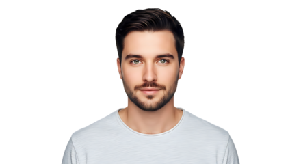 A handsome young man with dark hair and blue eyes smiles confidently on a white background.