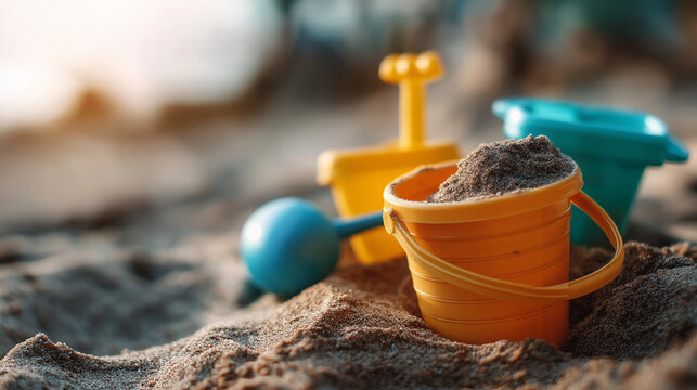 Sand toys for youngsters development skills defocused beach background educational play tools sensory learning materials developmental toy display recreational learning scene