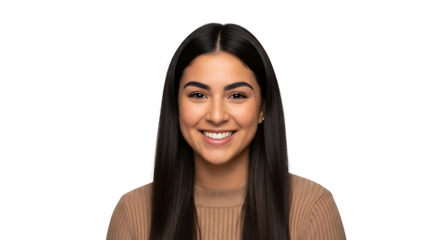 A young woman with long dark hair smiles confidently against a white background.