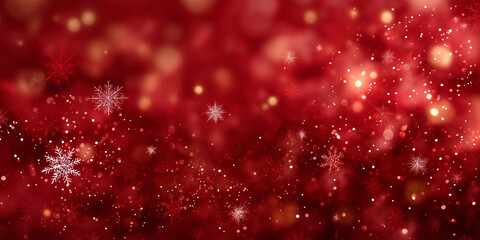 Vibrant ruby red holiday celebration with falling snowflakes and shimmering golden bokeh lights