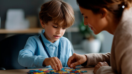 Pediatric psychologist with toddler assembling puzzle faceless therapist youngster defocused office background developmental assessment scene cognitive evaluation moment