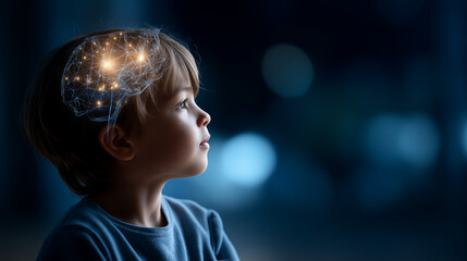Illuminated neural network brain showcased in profile of youngster faceless child defocused blue background cognitive connections concept artificial intelligence symbolism bra
