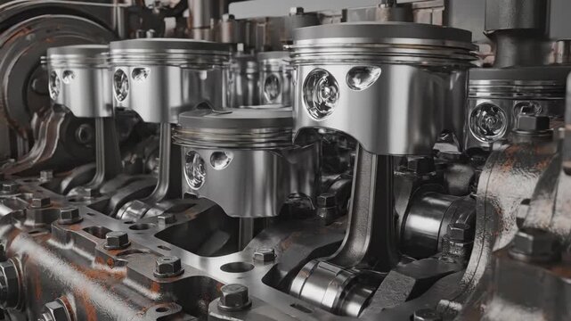 Close-up View of Engine Pistons and Crankshaft in Machinery