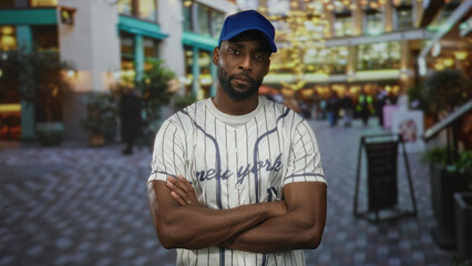 Fototapeta premium Man in a striped baseball jersey and blue cap stands with arms crossed on a busy cobblestone street outside shops and string lights; confidence.