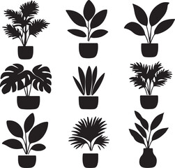 indoor potted plants set with tropical leaves, modern foliage home decor greenery botanical illustration for design use silhouette vector