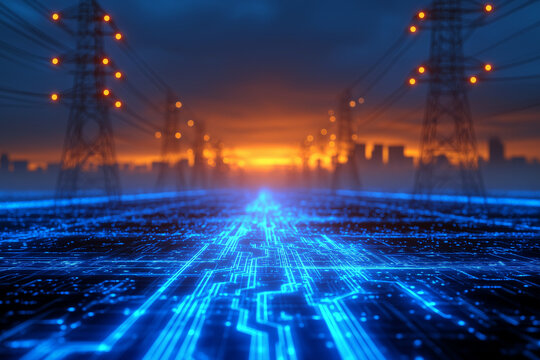 Digital Circuit Pathways Beneath High-Voltage Power Lines and Glowing Urban Sunset