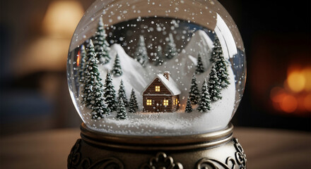 Image of snow globe featuring cabin, trees, and snow, representing holiday spirit, winter scenery, and festive season, ideal for Christmas, New Year concepts
