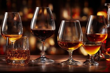 A selection of alcoholic drinks in glasses: vodka, cognac, tequila, brandy and whiskey, grappa, liqueur, vermouth, tincture, rum.