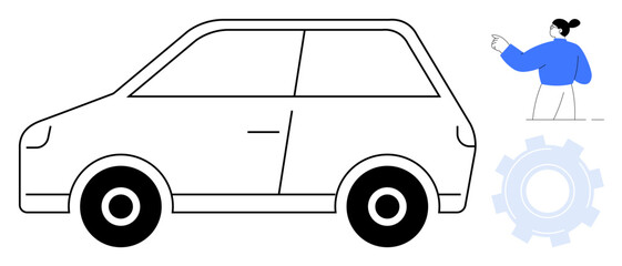 Compact car alongside gearwheel and person pointing forward, symbolizing mobility, teamwork, technology, progress, innovation, automotive industry, and future solutions. Clean and simple flat