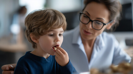 Speech therapist works with youngster on language development exercises faceless professional child defocused office background medical professional helps improve communication