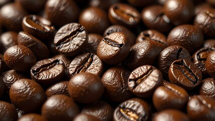 Fototapeta premium Close-up of Freshly Roasted Brown Coffee Beans for Caffeine Background Texture