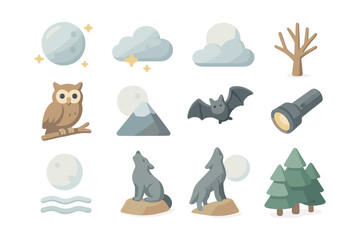 Cute retro style wilderness icons featuring animals, trees, and moon phases