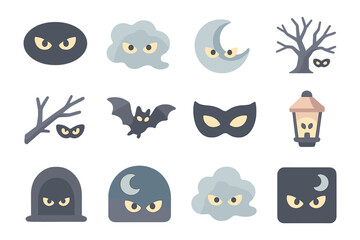 Spooky halloween eyes: nighttime icons with bats, moons, and masks for eerie designs