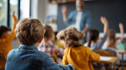 Educator interacting with youngsters in classroom setting faceless teacher children defocused educational background focusing on early childhood development reading learning