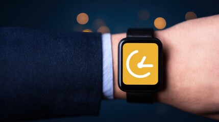 A close-up of a hand wearing a smartwatch displaying a clock icon, set against a blurred background with soft lighting.