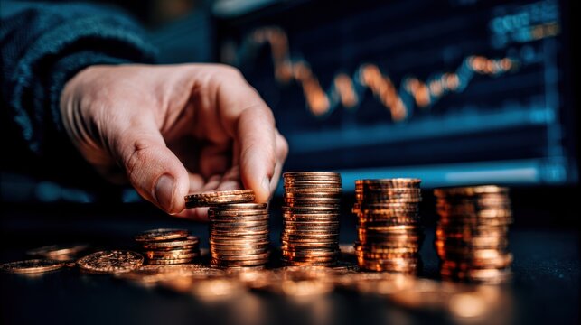 A hand stacks coins, symbolizing finance and investment, with a blurred chart in the background indicating economic trends.