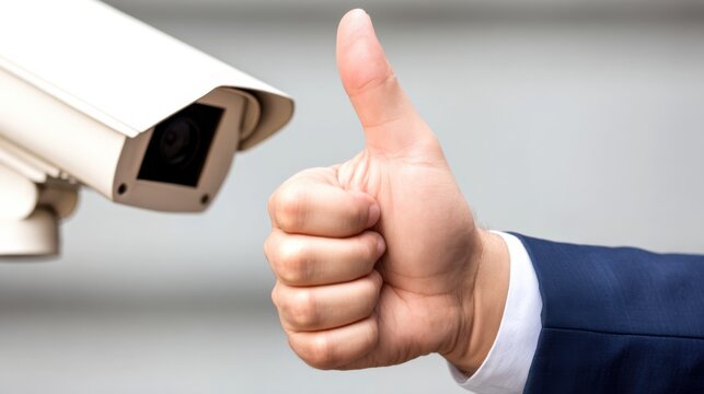 A person gives a thumbs-up gesture next to a security camera, symbolizing approval or satisfaction with surveillance technology.