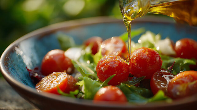 Olive oil drizzled over fresh cherry tomato and green leafy salad in bright outdoor setting