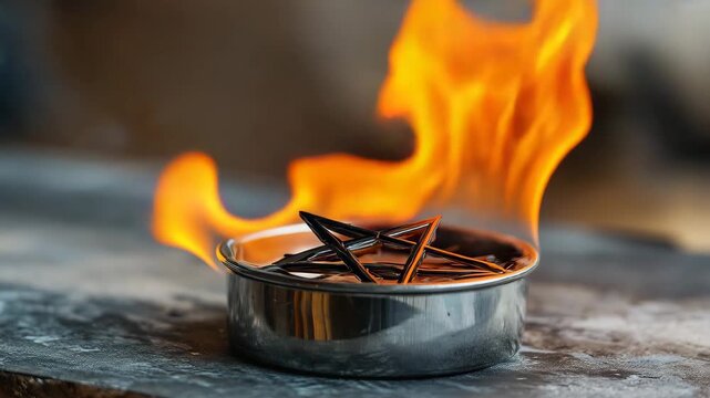 Fire ignites around a metal pentagram in a dark setting with dramatic lighting effects