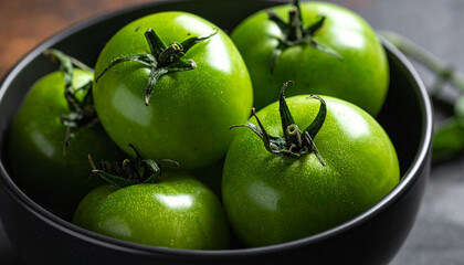 Fresh green tomatoes in dark ceramic bowl, vibrant and organic, natural food product. Tasty vegetable.