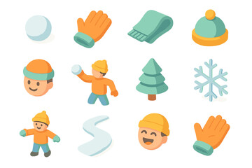 Winter fun elements: isometric icons of snowball, scarf, and more in playful style