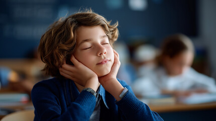 Bored elementary school student daydreaming in class faceless youngster defocused classroom background attention challenge scene educational environment moment learning engage