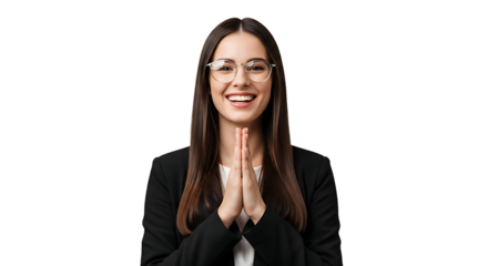 A smiling woman in a suit and glasses clasps her hands together in greeting.