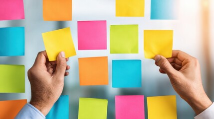 A person arranging colorful sticky notes on a glass board, highlighting organization and creativity in a workspace.