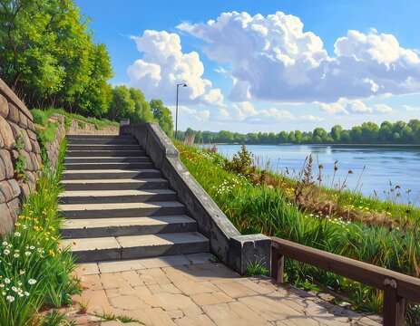 A stone stairway leads up from a riverside path under a sunny, cloud-filled sky, with lush greenery