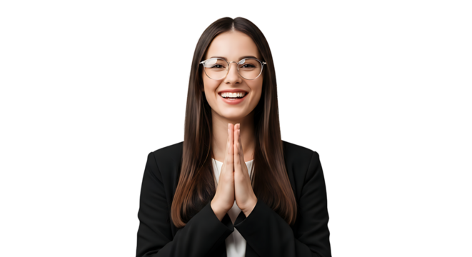 A smiling woman in a suit and glasses clasps her hands together in greeting. - Powered by Adobe