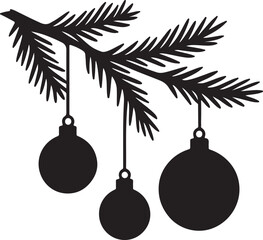 pine tree branch with three hanging Christmas ornaments silhouette vector.