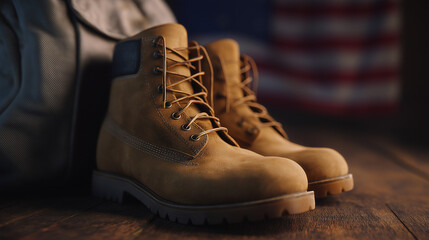 Sturdy tan leather boots resting on wood planks with a subtle American flag display