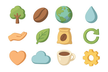 Eco-friendly icons set featuring nature, sustainability, and coffee themes in flat style