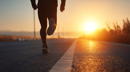 lonely runner jogging on empty highway road at golden sunrise