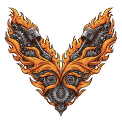 Obraz premium Mechanical flaming ornamental emblem combining metal gears and fire elements, perfect for custom logo design, biker themes, tattoo artwork, and industrial decoration