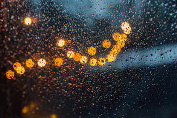 Raindrops and lights through the window.