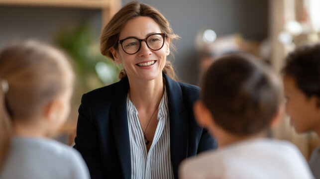 Professional psychologist leads mental health support collective for diverse youngsters faceless counselor children defocused circle discussion background school counseling chil