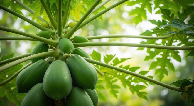 Unripe green papayas hanging on a tree in a tropical garden.