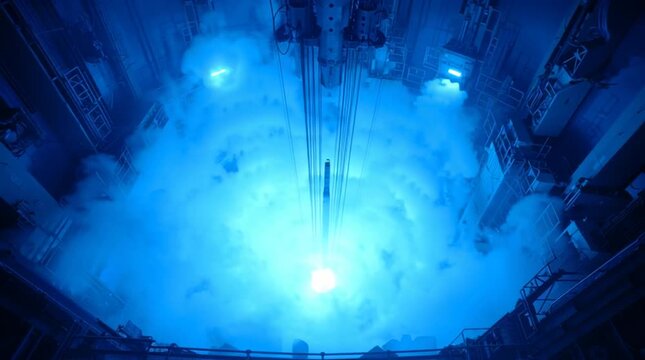 Emergency SCRAM event as control rods are instantly driven into the reactor core from above, rapidly extinguishing the bright blue Cherenkov glow and illustrating immediate shutdown and nuclear safety