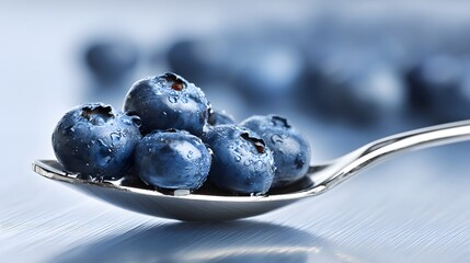 Several fresh blueberries topped with water droplets rest on a metallic spoon